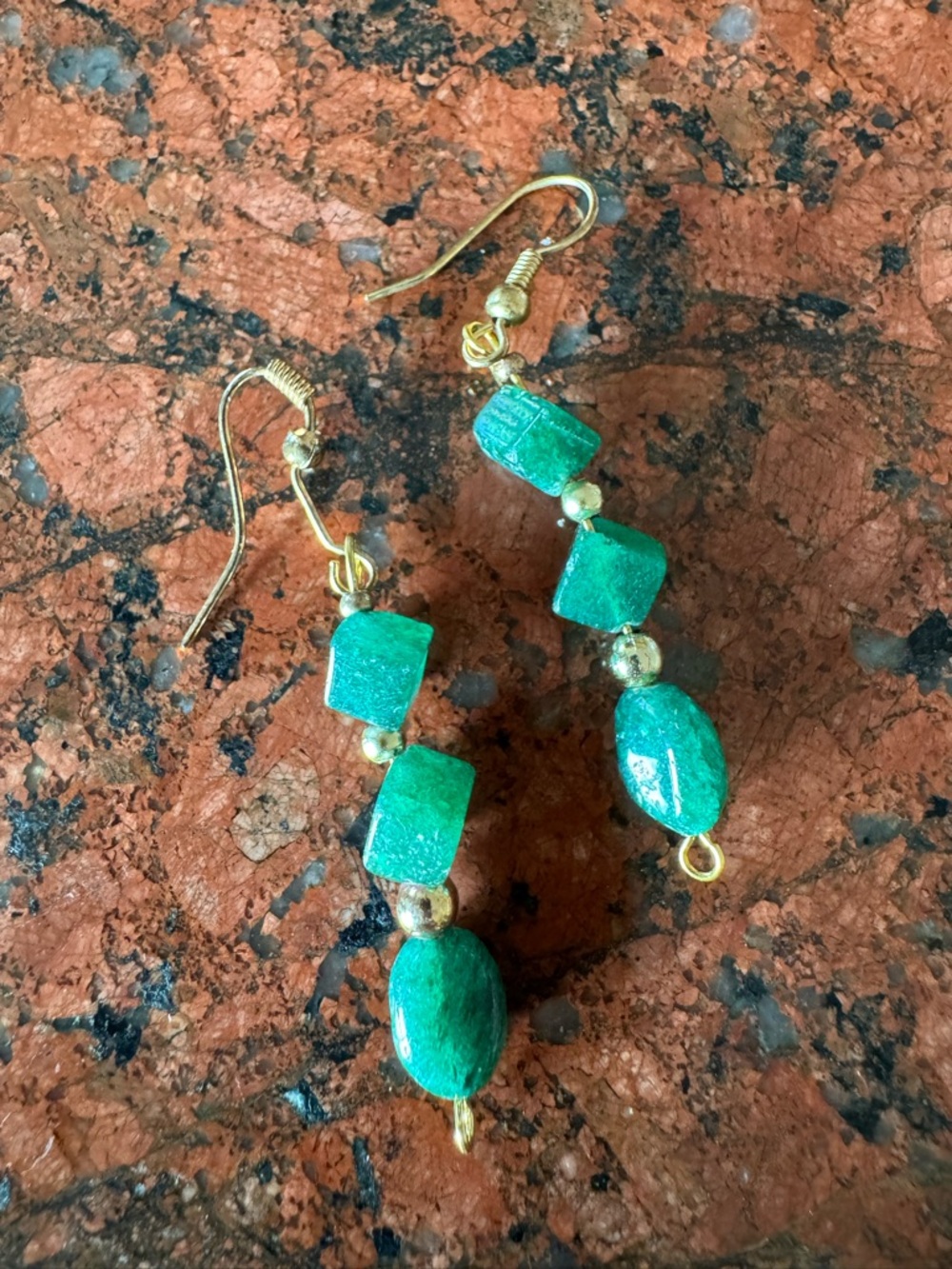 Green Stone & Gold Tone Dangle Earrings